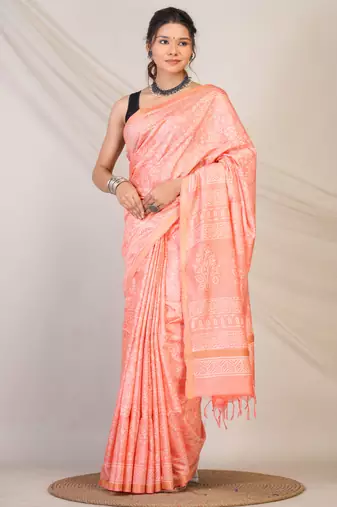 peach zari work cotton silk blend bhagalpuri ethnic saree with unstitched blouse