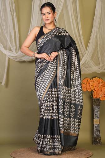 black zari work cotton silk blend bhagalpuri ethnic saree with unstitched blouse