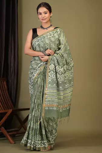 sage green zari work cotton silk blend bhagalpuri ethnic saree with unstitched blouse