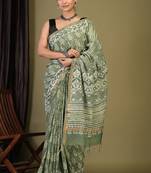 sage green zari work cotton silk blend bhagalpuri ethnic saree with unstitched blouse
