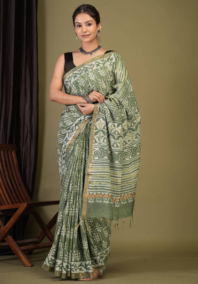 sage green zari work cotton silk blend bhagalpuri ethnic saree with unstitched blouse