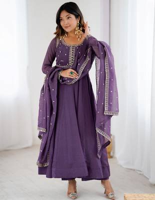  Purple Sequins Silk Anarkali Gown With Dupatta 1