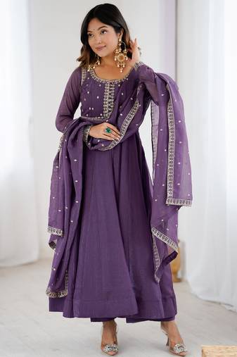  Purple Sequins Silk Anarkali Gown With Dupatta