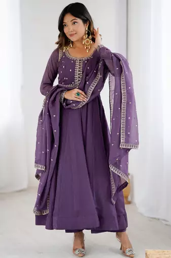  Purple Sequins Silk Anarkali Gown With Dupatta