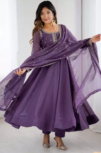  Purple Sequins Silk Anarkali Gown With Dupatta