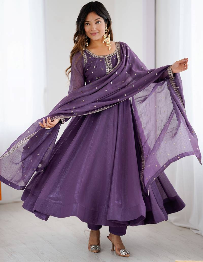  Purple Sequins Silk Anarkali Gown With Dupatta
