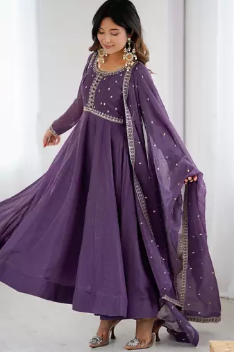  Purple Sequins Silk Anarkali Gown With Dupatta