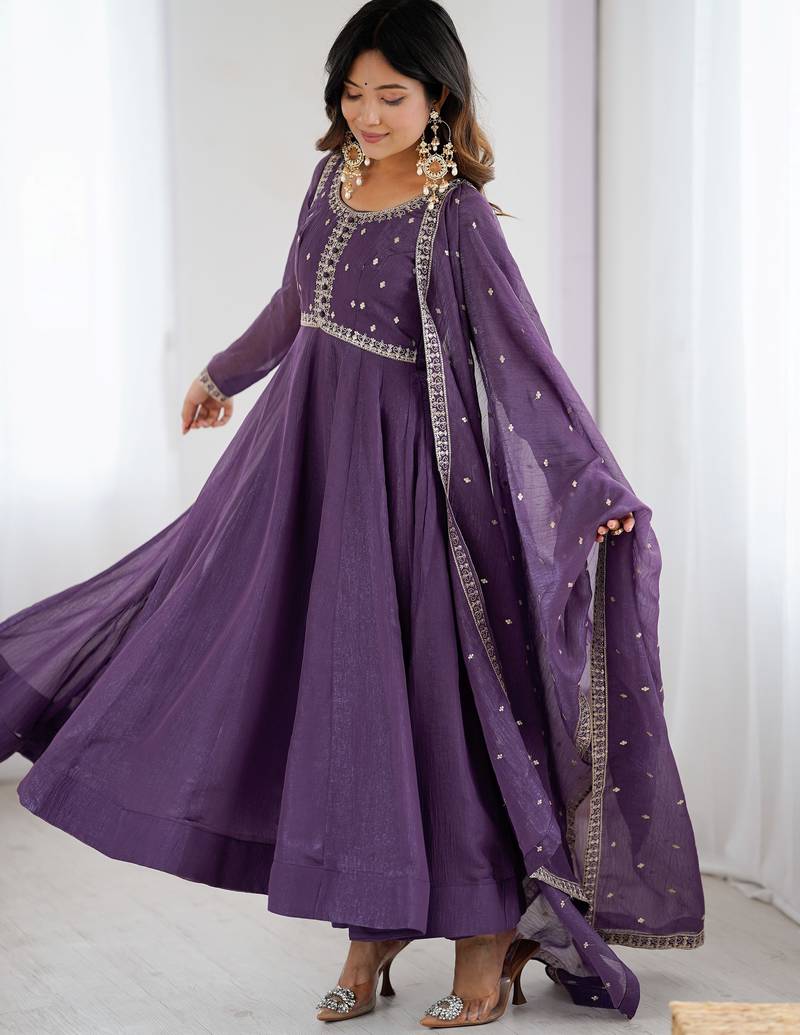  Purple Sequins Silk Anarkali Gown With Dupatta
