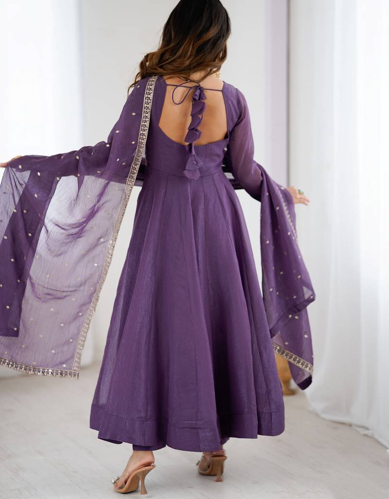  Purple Sequins Silk Anarkali Gown With Dupatta