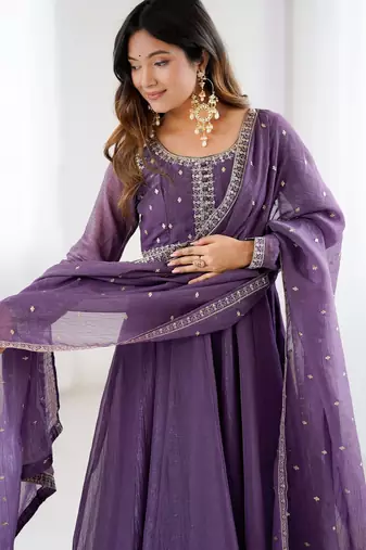  Purple Sequins Silk Anarkali Gown With Dupatta