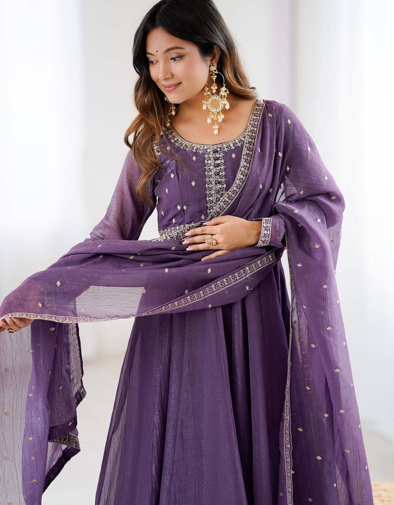  Purple Sequins Silk Anarkali Gown With Dupatta