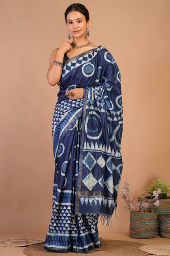 navy blue zari work cotton silk blend bhagalpuri ethnic saree with unstitched blouse