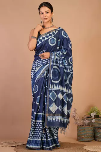 navy blue zari work cotton silk blend bhagalpuri ethnic saree with unstitched blouse