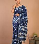 navy blue zari work cotton silk blend bhagalpuri ethnic saree with unstitched blouse