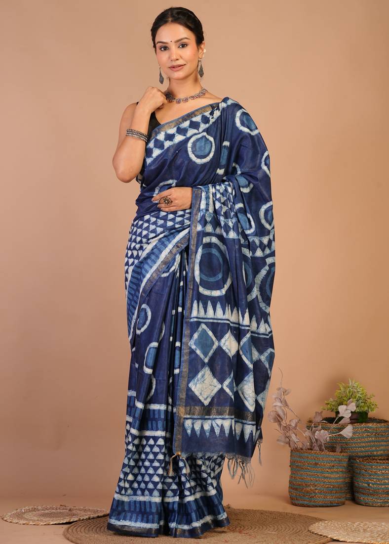 navy blue zari work cotton silk blend bhagalpuri ethnic saree with unstitched blouse