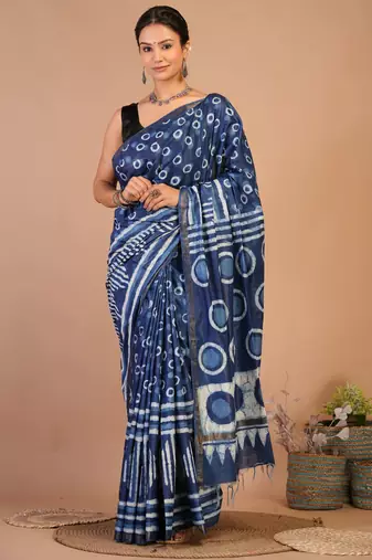 navy blue zari work cotton silk blend bhagalpuri ethnic saree with unstitched blouse