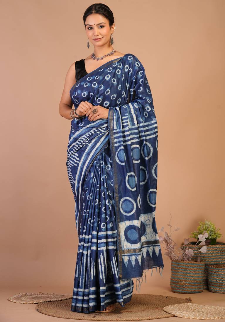 navy blue zari work cotton silk blend bhagalpuri ethnic saree with unstitched blouse