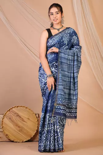 navy blue zari work cotton silk blend bhagalpuri ethnic saree with unstitched blouse