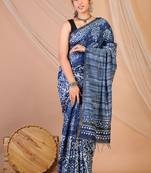navy blue zari work cotton silk blend bhagalpuri ethnic saree with unstitched blouse