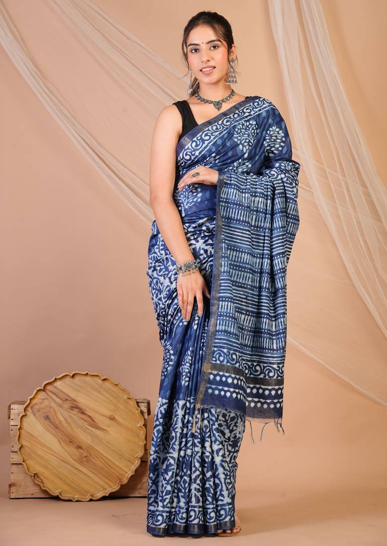 navy blue zari work cotton silk blend bhagalpuri ethnic saree with unstitched blouse