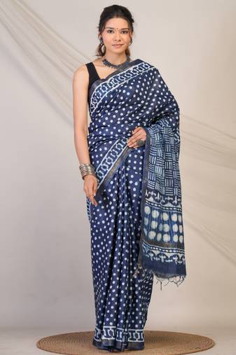 navy blue zari work cotton silk blend bhagalpuri ethnic saree with unstitched blouse