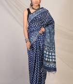 navy blue zari work cotton silk blend bhagalpuri ethnic saree with unstitched blouse