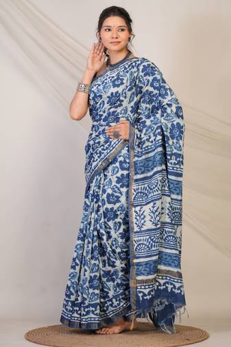 navy blue zari work cotton silk blend bhagalpuri ethnic saree with unstitched blouse