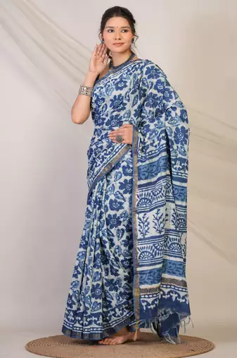 navy blue zari work cotton silk blend bhagalpuri ethnic saree with unstitched blouse