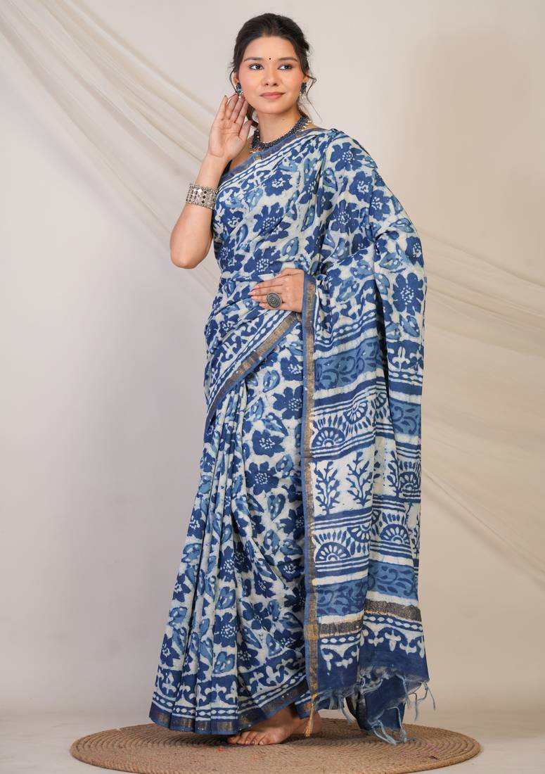 navy blue zari work cotton silk blend bhagalpuri ethnic saree with unstitched blouse