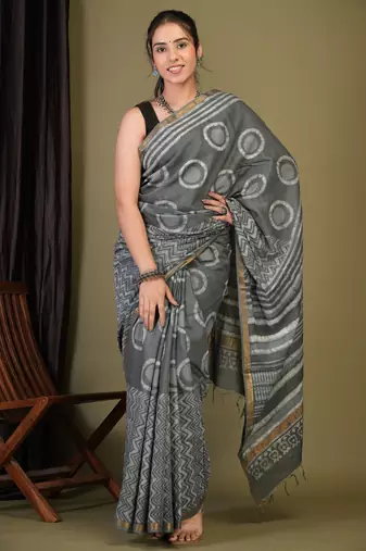 grey zari work cotton silk blend bhagalpuri ethnic saree with unstitched blouse