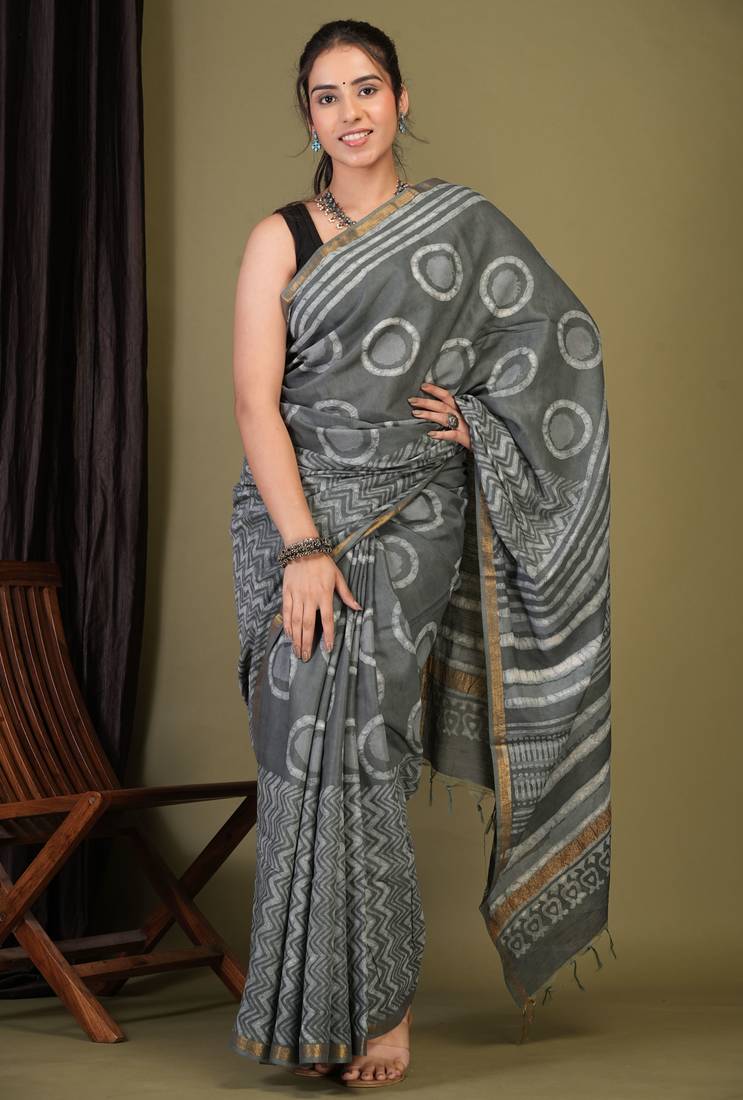 grey zari work cotton silk blend bhagalpuri ethnic saree with unstitched blouse