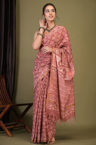 rouge pink zari work cotton silk blend bhagalpuri ethnic saree with unstitched blouse