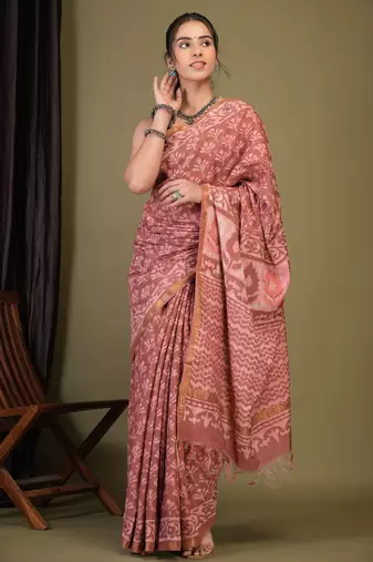 rouge pink zari work cotton silk blend bhagalpuri ethnic saree with unstitched blouse