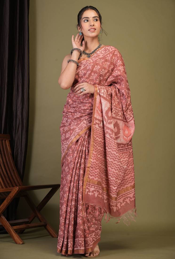 rouge pink zari work cotton silk blend bhagalpuri ethnic saree with unstitched blouse