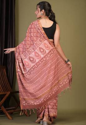 rouge pink zari work cotton silk blend bhagalpuri ethnic saree with unstitched blouse 2