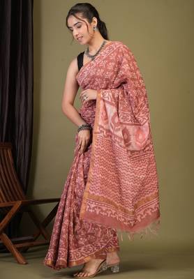 rouge pink zari work cotton silk blend bhagalpuri ethnic saree with unstitched blouse 3