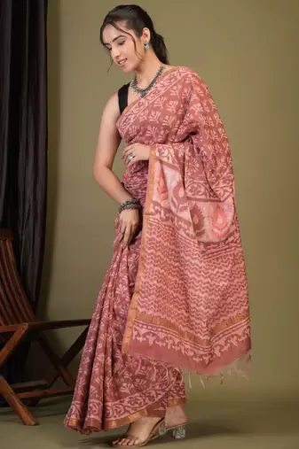 rouge pink zari work cotton silk blend bhagalpuri ethnic saree with unstitched blouse