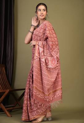 rouge pink zari work cotton silk blend bhagalpuri ethnic saree with unstitched blouse 4