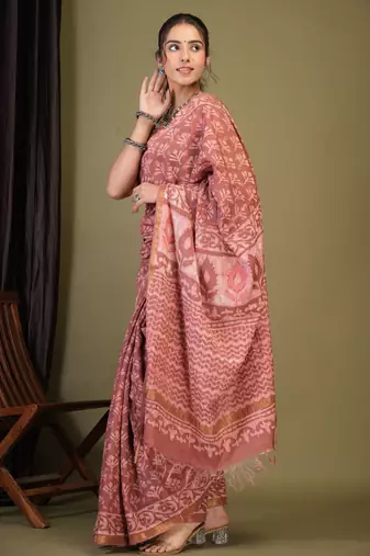 rouge pink zari work cotton silk blend bhagalpuri ethnic saree with unstitched blouse