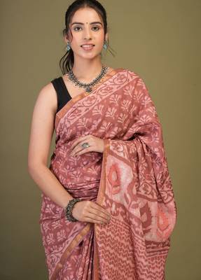 rouge pink zari work cotton silk blend bhagalpuri ethnic saree with unstitched blouse 5