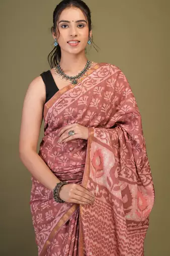 rouge pink zari work cotton silk blend bhagalpuri ethnic saree with unstitched blouse