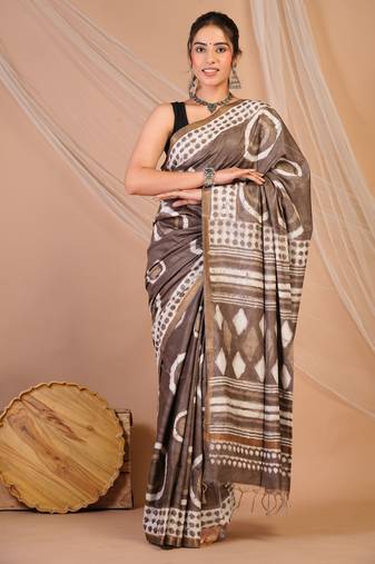 brown zari work cotton silk blend bhagalpuri ethnic saree with unstitched blouse