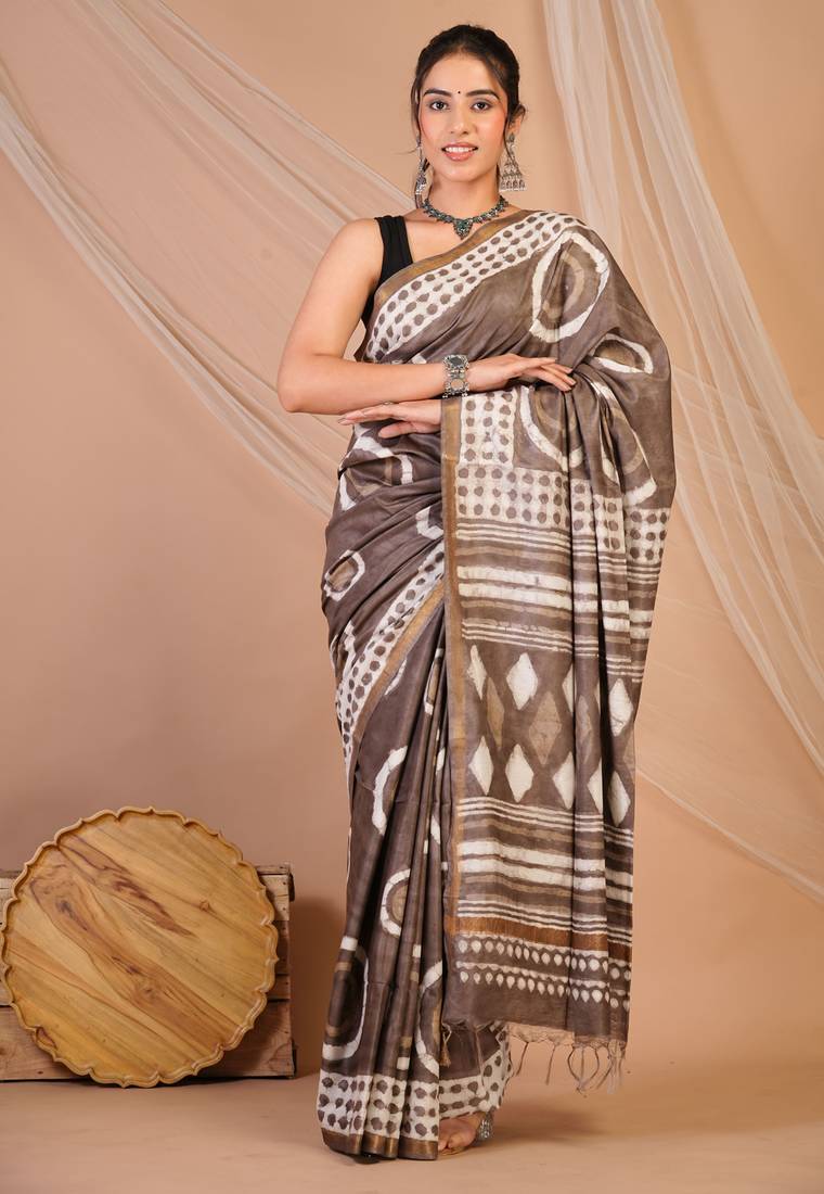 brown zari work cotton silk blend bhagalpuri ethnic saree with unstitched blouse