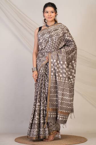 brown zari work cotton silk blend bhagalpuri ethnic saree with unstitched blouse