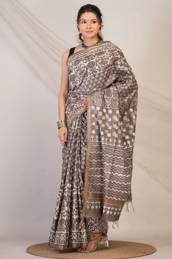 brown zari work cotton silk blend bhagalpuri ethnic saree with unstitched blouse