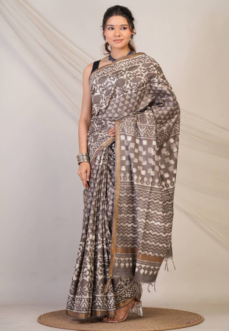 brown zari work cotton silk blend bhagalpuri ethnic saree with unstitched blouse