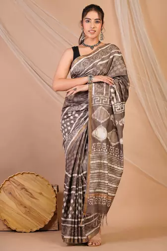 brown zari work cotton silk blend bhagalpuri ethnic saree with unstitched blouse