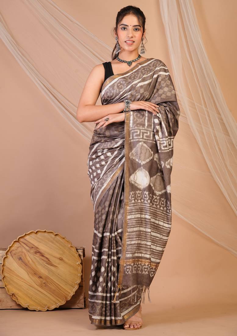 brown zari work cotton silk blend bhagalpuri ethnic saree with unstitched blouse