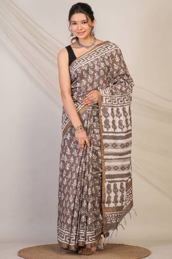 brown zari work cotton silk blend bhagalpuri ethnic saree with unstitched blouse