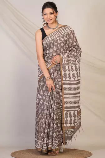 brown zari work cotton silk blend bhagalpuri ethnic saree with unstitched blouse